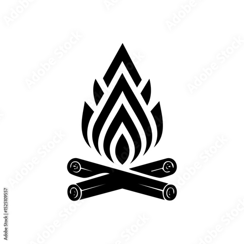 Minimalist black campfire logo with stylized flames and crossed logs.

