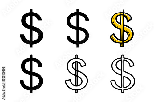 Six variations of dollar sign icons black and gold. dollar symbol on white background. dollar sign icon set