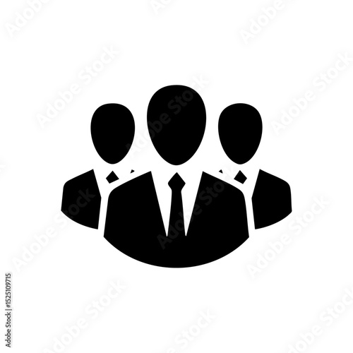 Minimalist icon of three business people in suits symbolizing teamwork.

