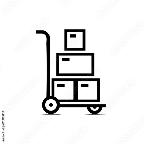 Minimalist black icon of a hand trolley loaded with cardboard boxes.

