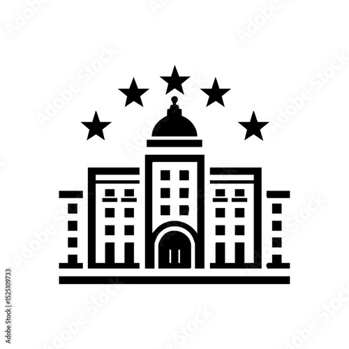Black vector icon of a luxury hotel building with five stars above. Elegant accommodation symbol representing premium hospitality services.


