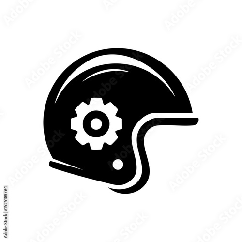 Black helmet icon with integrated gear symbol for mechanical concepts.

