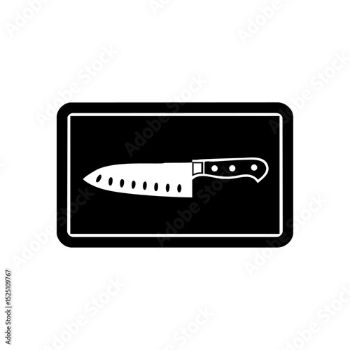Minimalist kitchen knife placed on rectangular cutting board icon.

