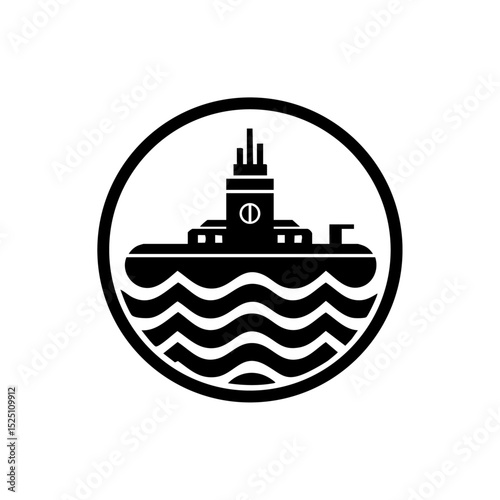 Circular vector logo showing a submarine emerging above ocean waves.

