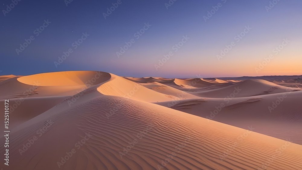 Naklejka premium Golden desert dunes under a twilight sky, where flowing sand formations meet a soft gradient of blues and purples, capturing the silence of a vast wilderness.