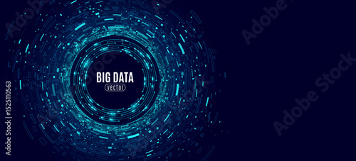 Futuristic circular big data visualization on a dark blue background. Abstract digital technology design with geometric shapes and glowing elements for scientific research presentation. Vector.