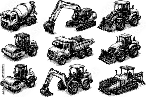 Heavy construction equipment lineup: Concrete Mixer Truck, Excavator, Tractor Loader, Road Roller, Dump Truck, Loader with Bucket, Double Drum Roller, Backhoe Loader, Bulldozer. Ideal for construction