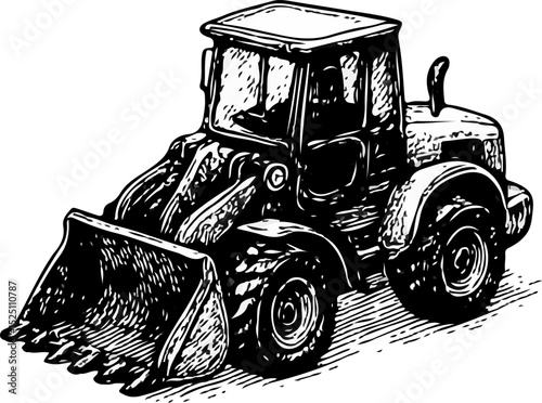 Illustrated front-loader tractor with a bucket, used in agriculture and construction