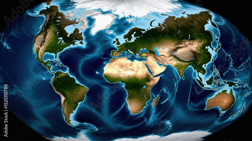 This representation of Earth displays a vibrant view of continents and oceans, emphasizing landforms and water bodies. The imagery highlights the geographical diversity of the planet