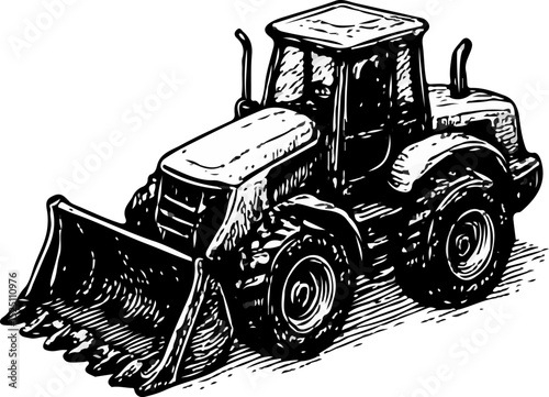 Heavy equipment loader vehicle with raised bucket in a hand-drawn artistic style