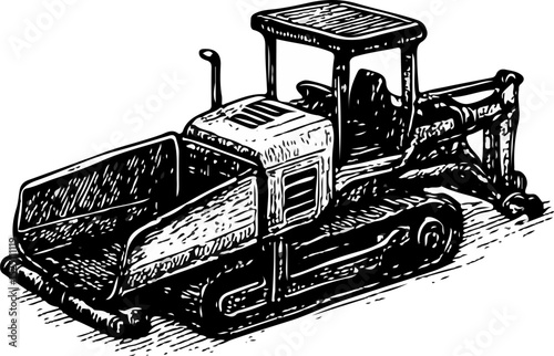 Black and white vintage drawing of a bulldozer used for pushing earth and debris on sites