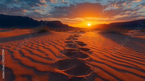 Footprints in desert landscape at sunset