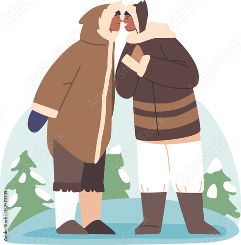 Cute Eskimo couple kissing vector illustration