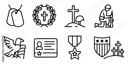 Military Memorial Icons – Outline Vector Set for Memorial Day and Veteran Tributes