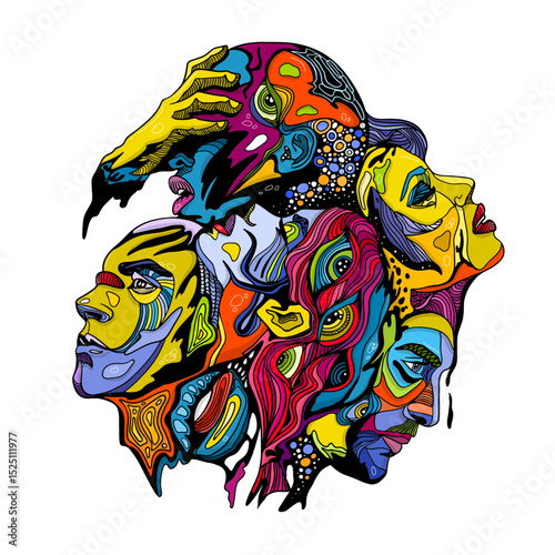 A psychedelic composition of abstract human faces interwoven into a colorful surreal cluster. Modern expressive illustration in vivid colors on white background.