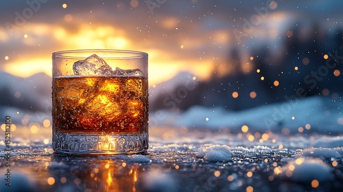 Whiskey drink in winter landscape sunset