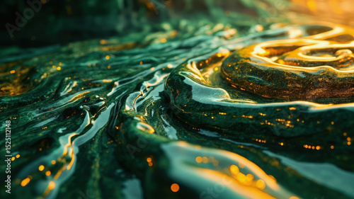 A vibrant swirl of green and gold liquid creates a mesmerizing abstract texture. The warm light enhances the flow and movement, creating an eye-catching display