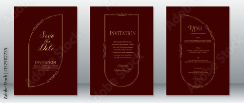 Luxurious wedding invitation set featuring a rich burgundy red background with classic gold flourishes. Includes Save the Date, main invitation, and menu card templates 