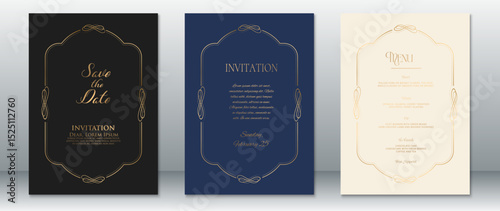 Elegant wedding invitation set with gold borders and refined typography. Includes save-the-date, formal invitation, and menu card in black, navy blue, and cream tones.