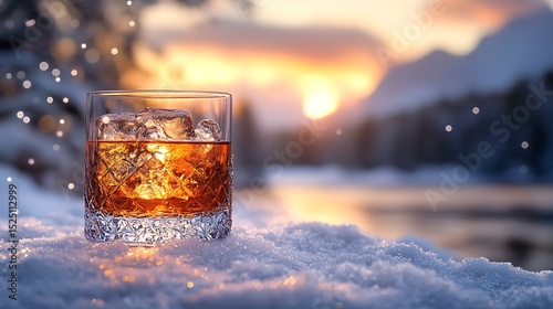 Glass of liquor on snow at sunset
