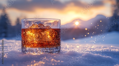 Whiskey glass on snow sunset scene