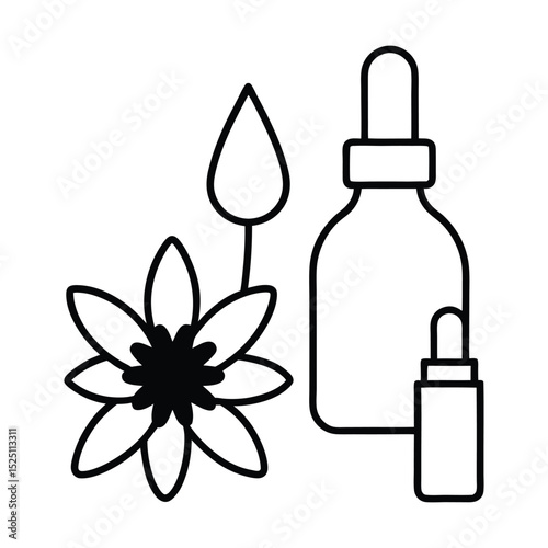Essential oils icon featuring dropper bottles and a flower for natural wellness vector silhouette 