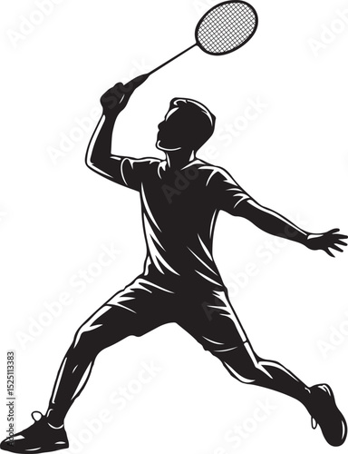 tennis player silhouette vector, Badminton Player Silhouette Swinging Racket Isolated on White Background