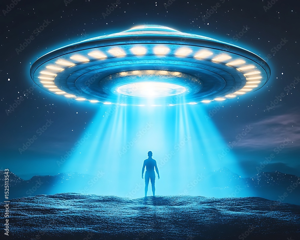 Obraz premium A flying saucer beams light onto an individual at night