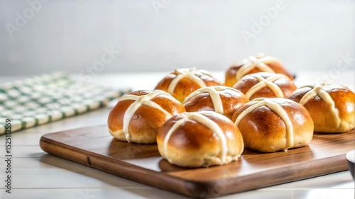 Danish pastries displayed on wooden board with green checkered cloth  