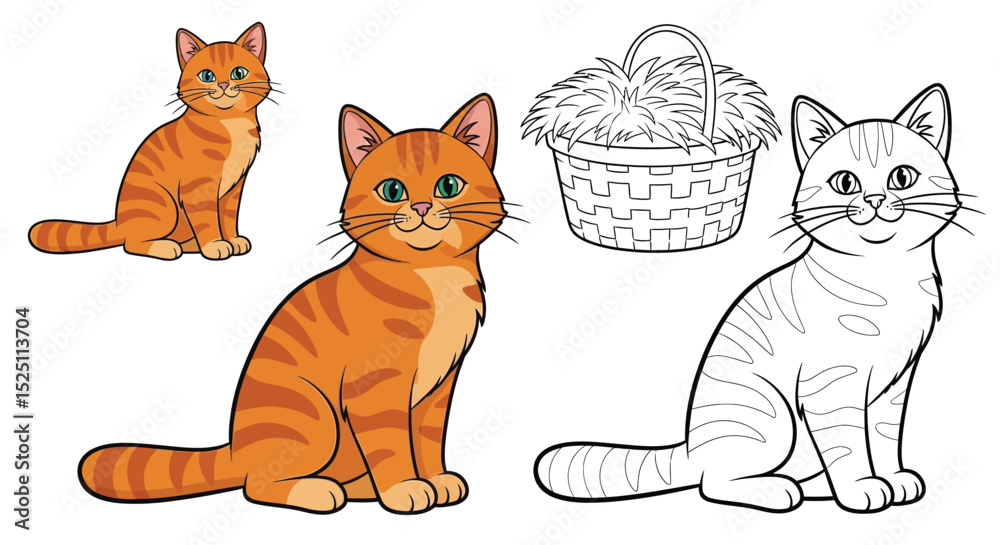 Fototapeta premium Asian Farm Cat Coloring Activity with Vibrant Colored and Simple Outline for Children Fun
