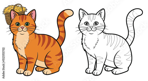 Asian Farm Cat Coloring Book Page with Full Color and Minimalist Line Art for Creativity