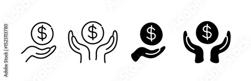 Doodle hand with money illustration. Money in hand sketch. Coin in hand. Save money. Donate money.  Hands holding dollar coin. Cash, loan, coin, dollar, saving, budget, earning money, revenue symbol