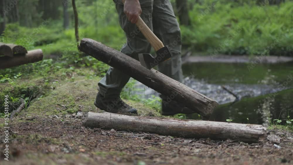 A man throws an axe into a log and grabs it, preparing firewood for survival. Eco-friendly wood gathering in the wilderness for forest survival.
