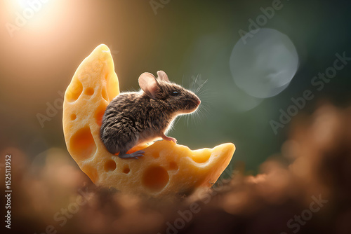 Mouse perched on a piece of cheese in a serene natural setting during golden hour