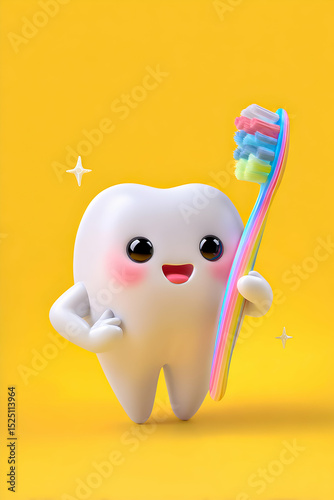 Cute tooth character holding a colorful toothbrush with a bright yellow background