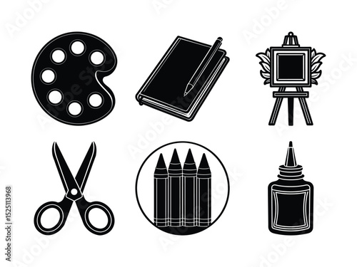 Black and white illustration of art supplies including palette easel scissors crayons and glue