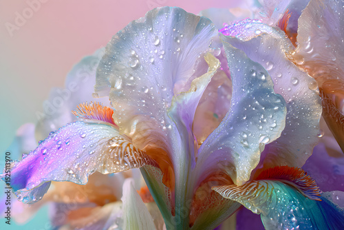 Colorful irises glisten with raindrops under soft light in a garden setting during morning hours
