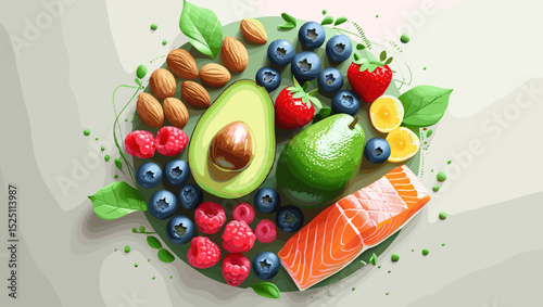 Vibrant assortment of fresh fruits, nuts, and salmon arranged in a beautiful flat lay for healthy eating