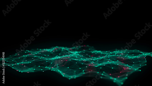 Dynamic green wave of particles and lines. Abstract futuristic background. Big data visualization. 3D rendering.