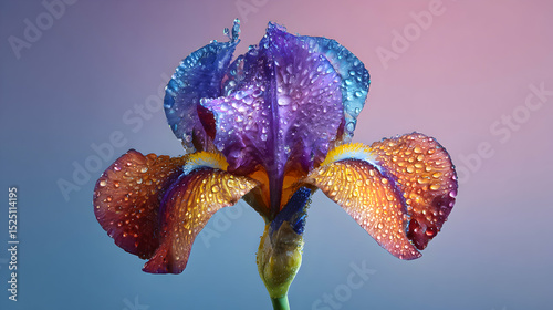 Vibrant iris flower with water droplets capturing beautiful colors and textures in a soft-lit setting