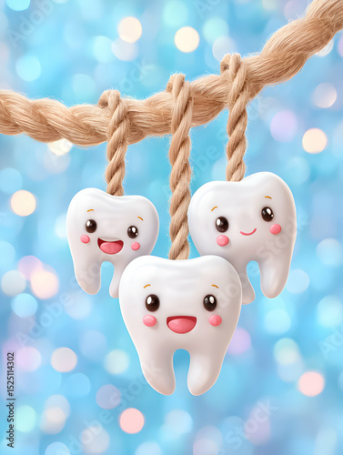 Cute cartoon teeth hanging on a rope with a sparkling blue background in a whimsical setting