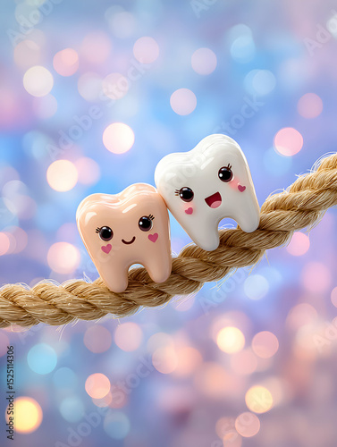 Cute cartoon teeth characters with cheerful expressions on a rope against a colorful bokeh background