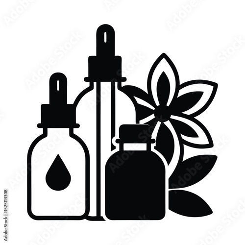 Essential oils icon featuring dropper bottles and a flower for natural wellness vector silhouette 