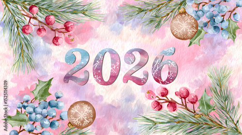 Festive watercolor design featuring the year 2026 surrounded by holiday elements