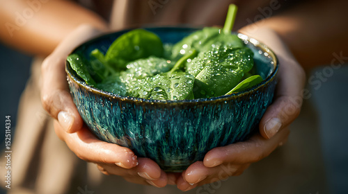 Freshly harvested spinach in a vibrant bowl held by hands, showcasing healthy eating and sustainable living