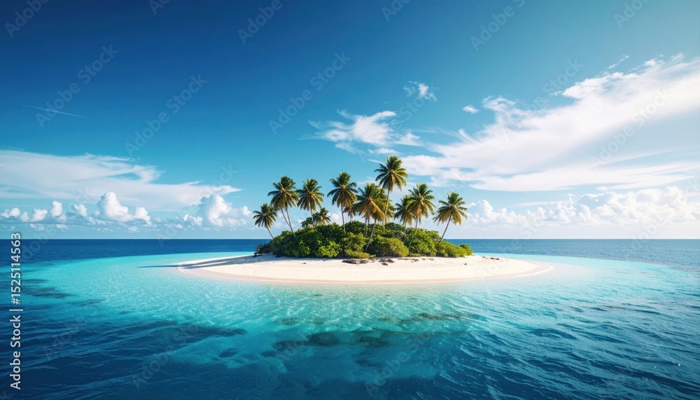Fototapeta premium Deserted Tropical Island with Palm Trees, White Sand, and Turquoise Ocean Under a Blue Sky, Symbolizing Paradise, Escape, and Remote Beauty