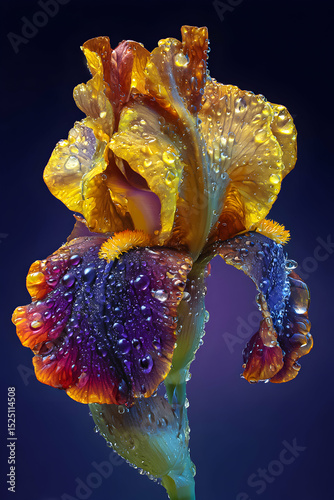 Colorful iris flower with water droplets captured in a close-up view showcasing intricate details and vibrant hues