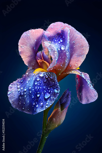 Dew-kissed iris flower displays vibrant hues under gentle lighting in a captivating close-up capture