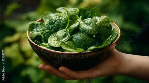 Freshly harvested spinach leaves in a bowl held outdoors with lush greenery in the background