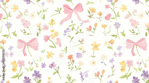 Seamless pattern with lovely watercolor flowers and bows in soft pastel tones on a white background. Showcase simple and detailed designs, as well as seamless tilable textures for fabric or clip art.